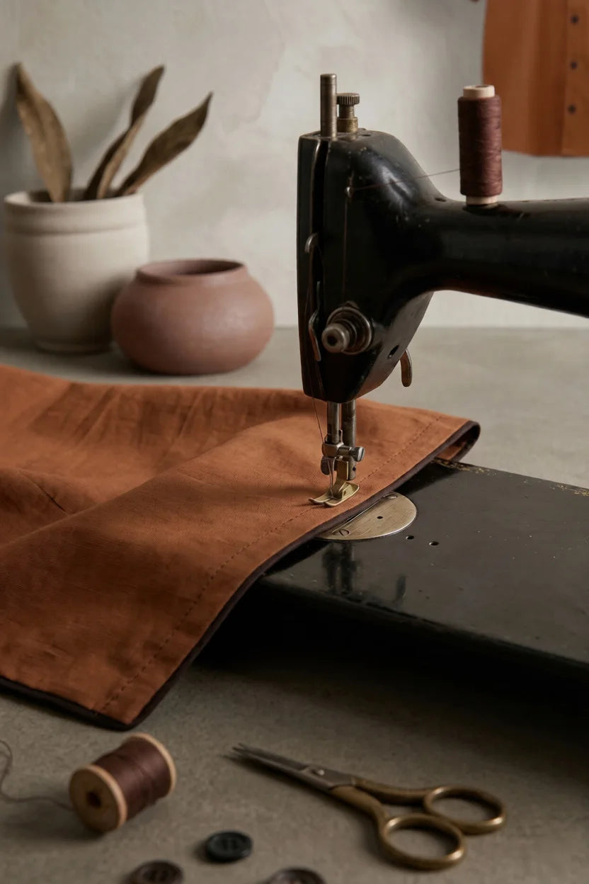 Sewing machine with brown leather fabric and sewing tools on a table.