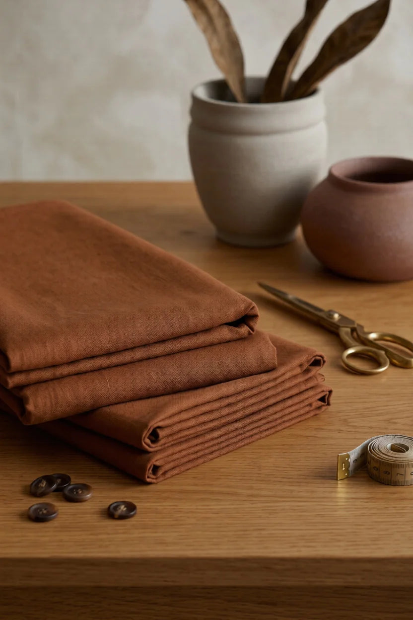 Folded brown fabric on a wooden surface with a plant and scissors in the background.