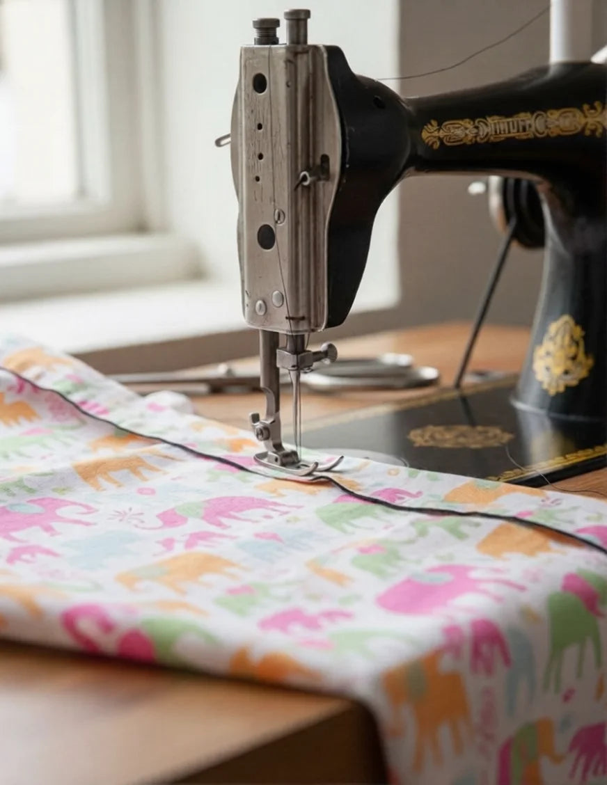 Sewing machine with colorful fabric on a wooden table