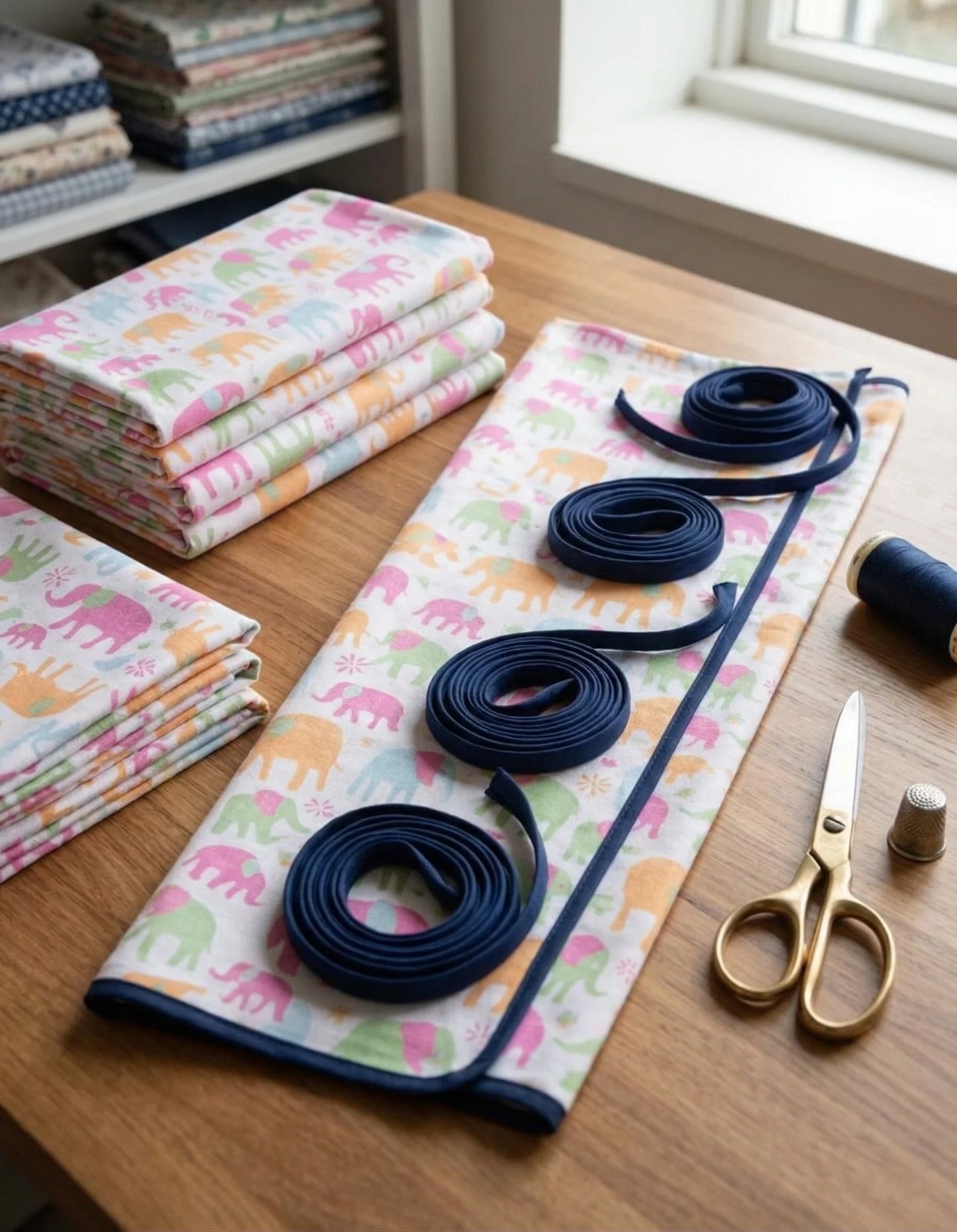 Fabric with elephant pattern, blue ribbon, and scissors on a wooden table.